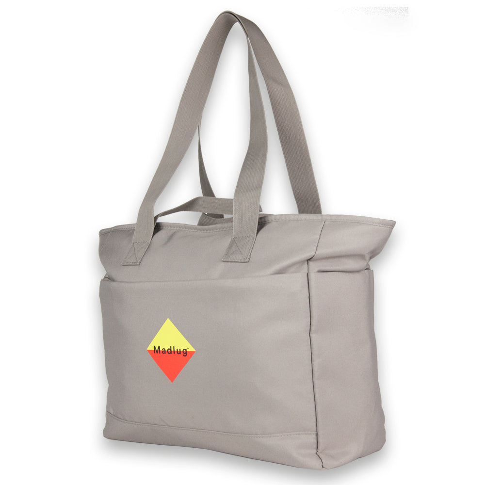 Taupe Big Tote. Three-quarter view.