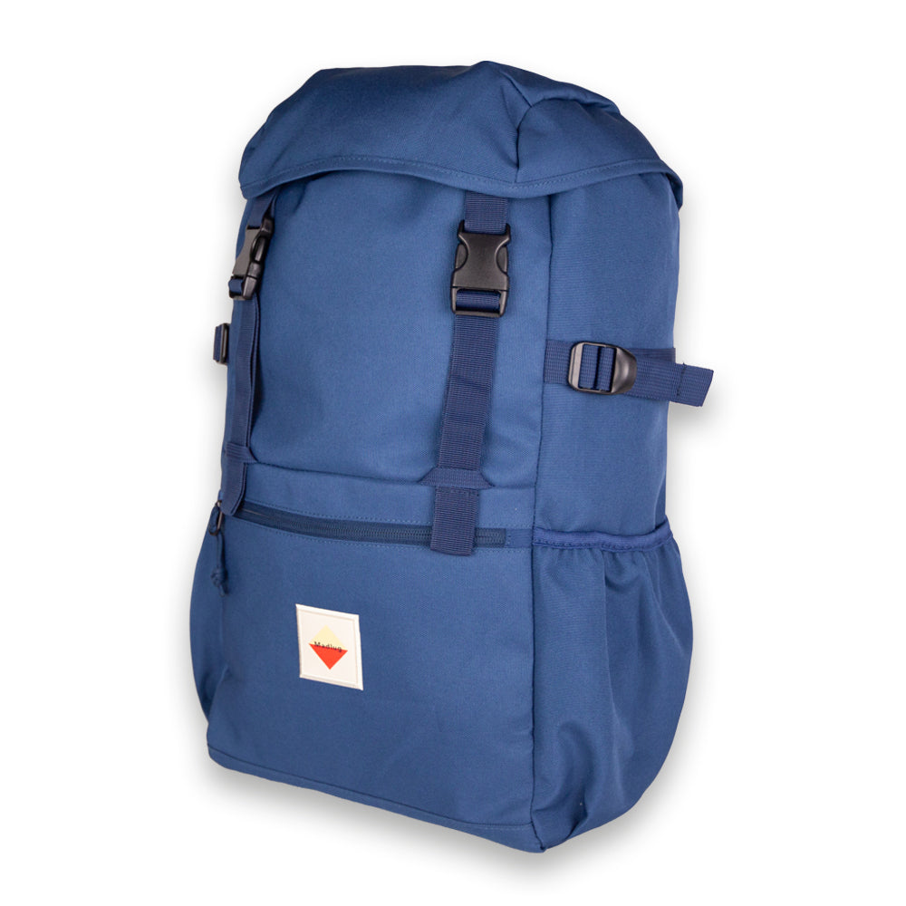Midnight Blue Outbound Backpack. Three-quarter view.