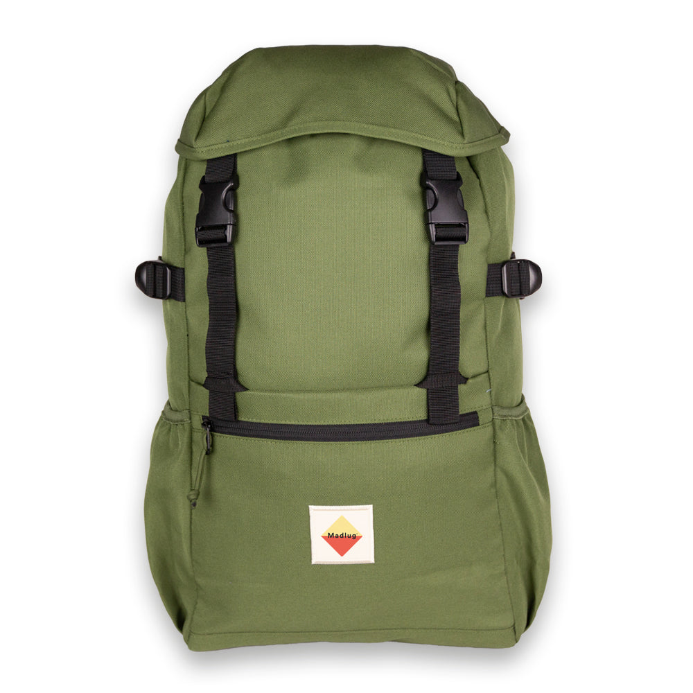 Moss Green Outbound Backpack. Front view.