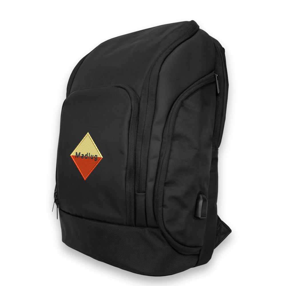 Black Premium Tech Backpack. Three-quarter view.