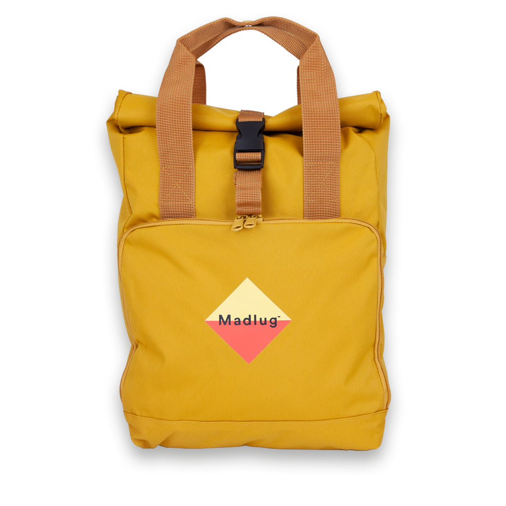 Madlug Roll-Top Backpack in Mustard. Front view.