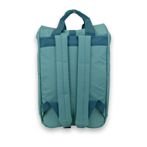 Madlug Roll-Top Backpack in Sage Green. Back panel view showing straps.