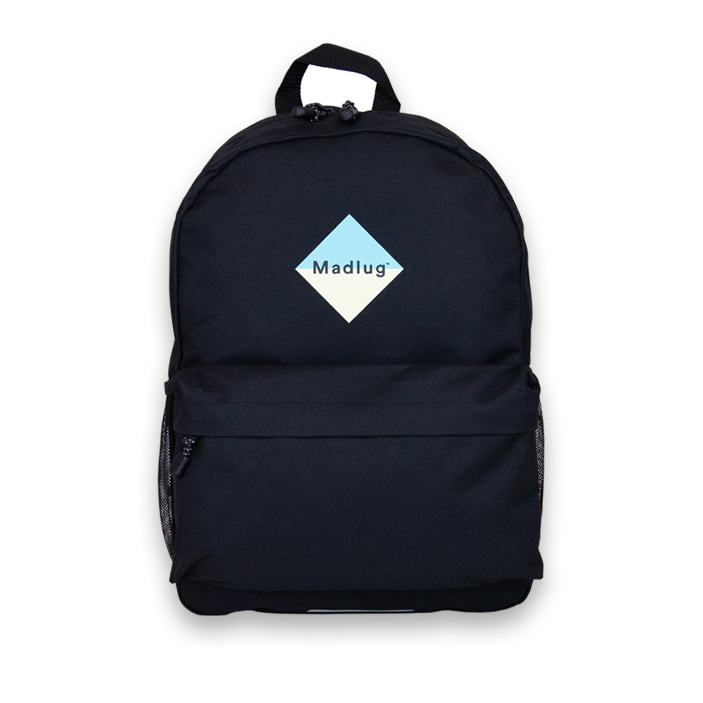 Madlug School Bag in Black. Front view showing iconic logo.