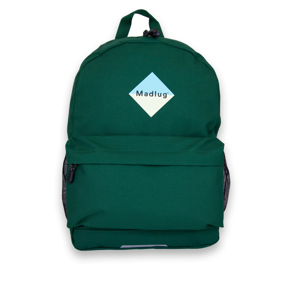 Madlug School Bag in Forest Green. Front view showing iconic logo.