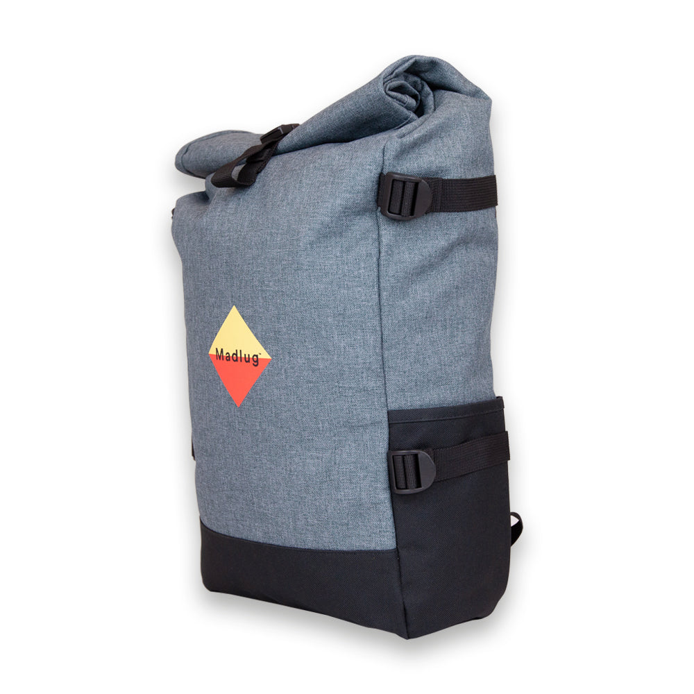 Madlug Roll-Top Backpack for students in grey, Side view showing Side straps and drinks holder.
