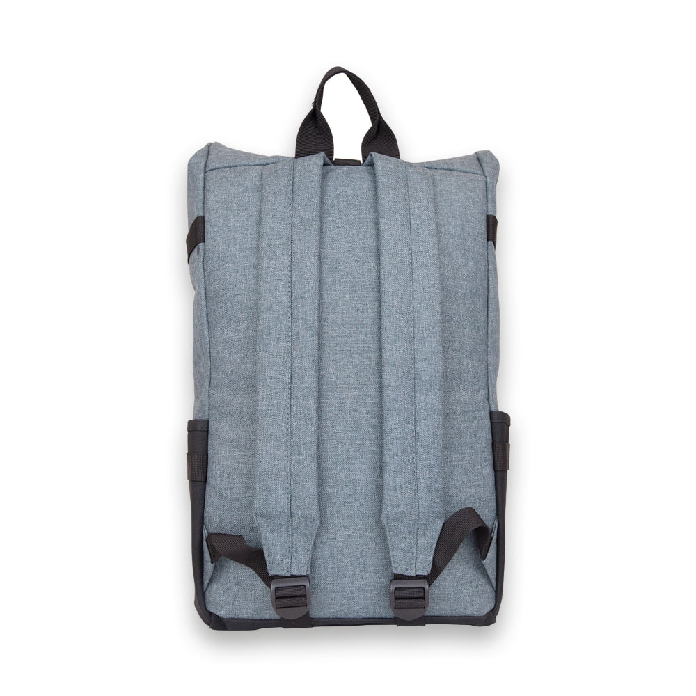 Madlug Roll-Top Backpack for students in grey, Rear view showing adjustable padded straps.