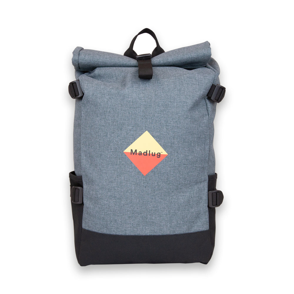 Madlug Roll-Top Backpack for students in grey, Front view showing iconic Madlug logo.