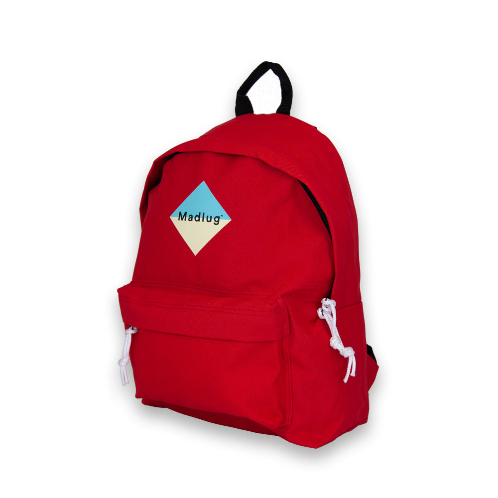 Madlug Junior Backpack in Red. Side view with iconic Madlug logo.