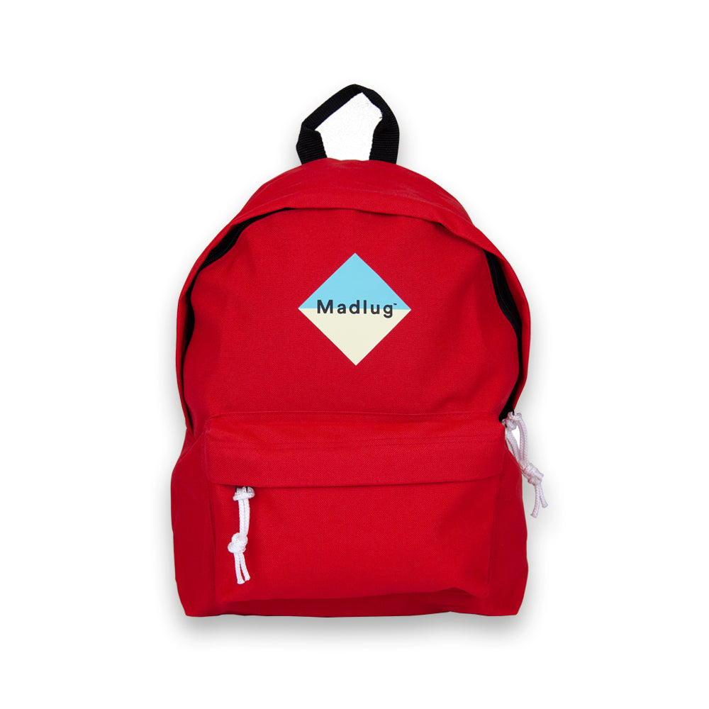 Madlug Junior Backpack in Red. Front view with iconic Madlug logo.