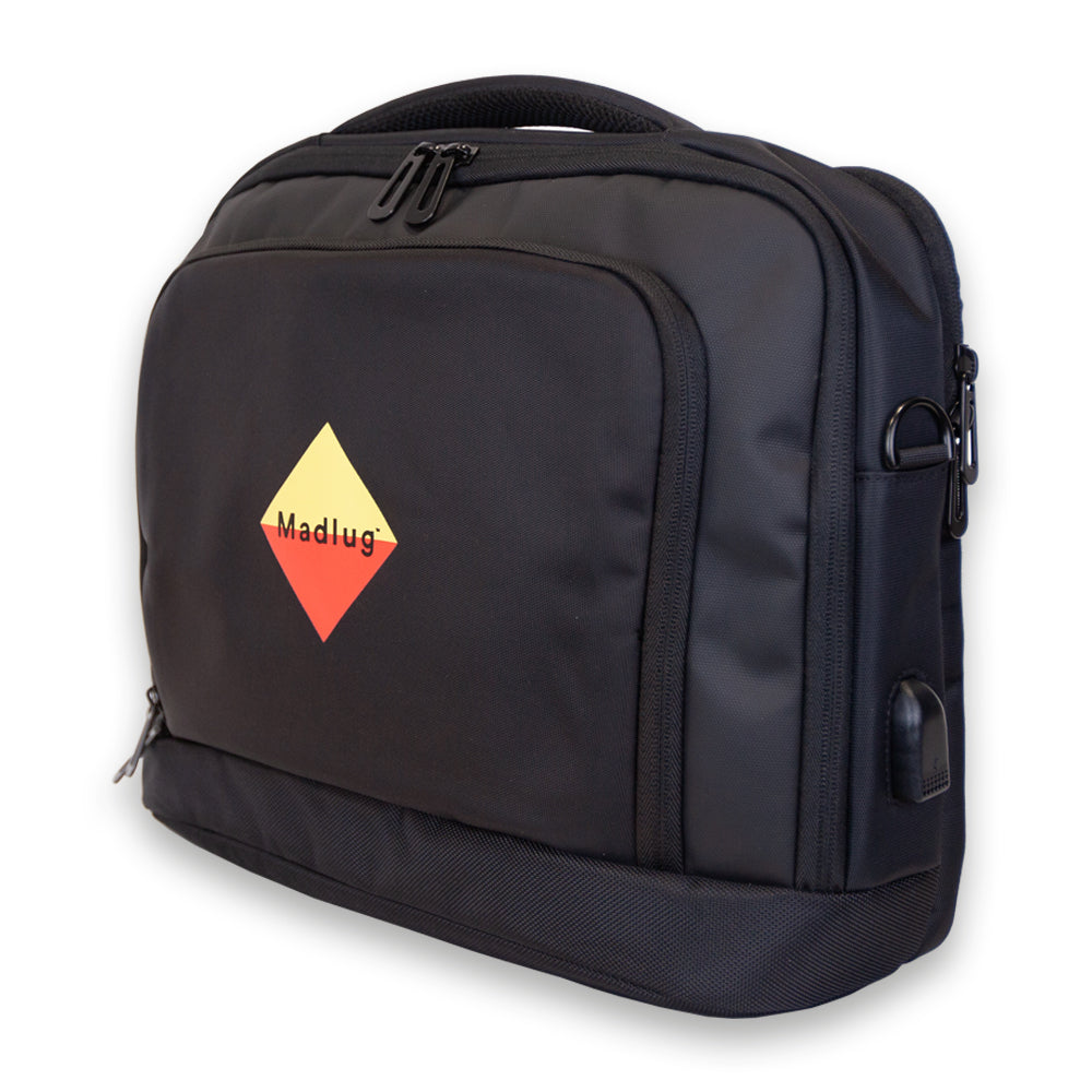 Madlug Premium Tech Messenger Shoulder Bag in black. Side view.