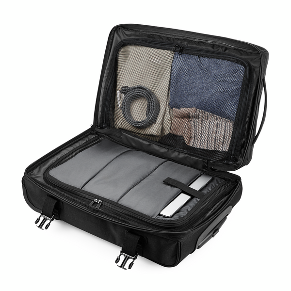 Madlug Grey Cabin Suitcase. Open view showing two packing compartments.