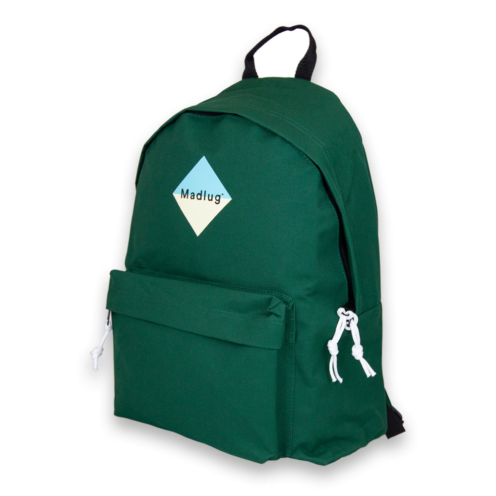 Madlug Classic Backpack in Forest Green. Side profile.