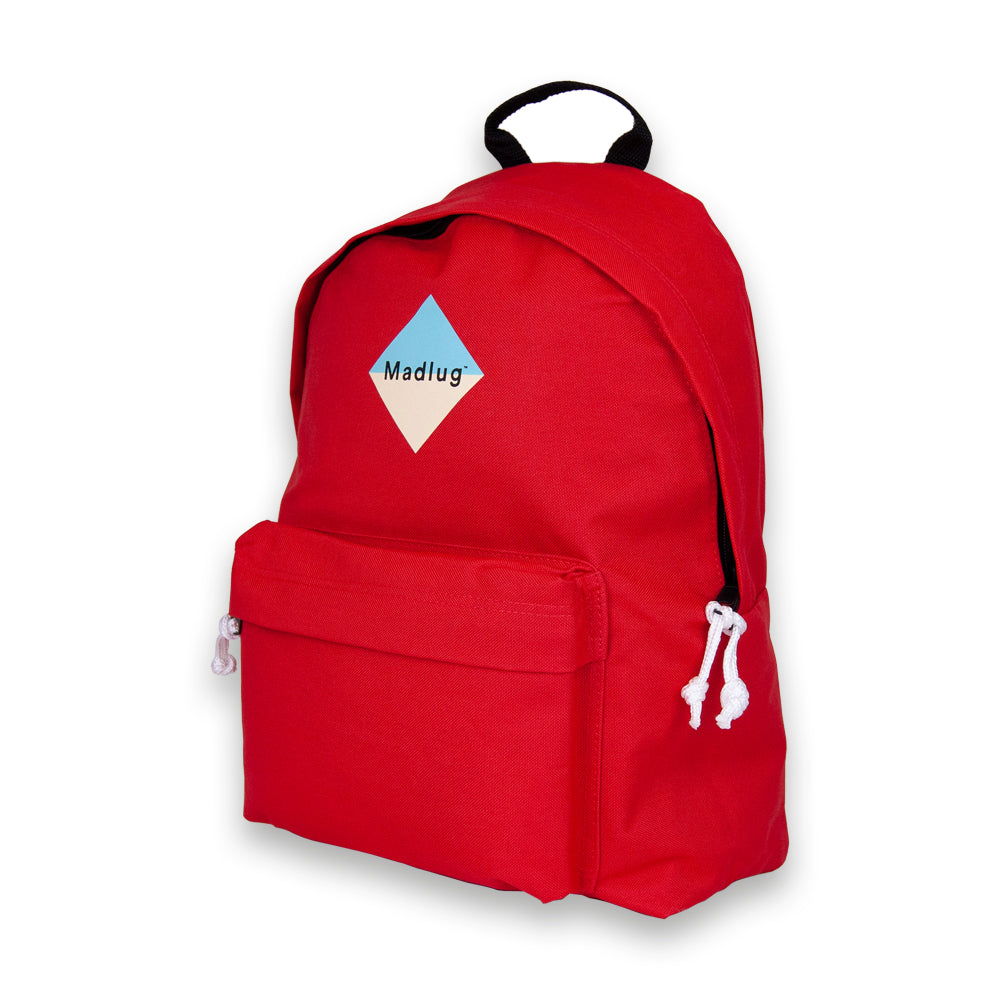 Madlug Classic Backpack in Red. Side profile.