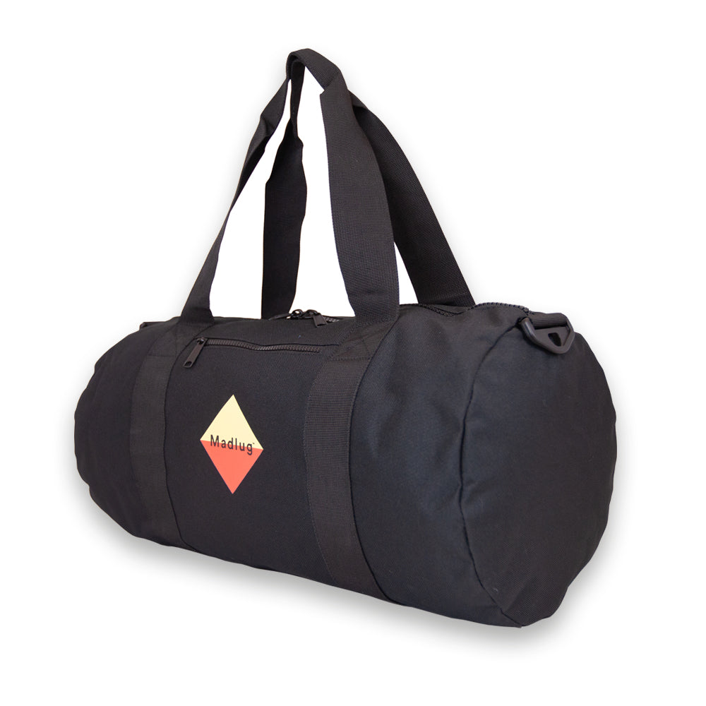 Duffel bag in Black. Side view with logo.