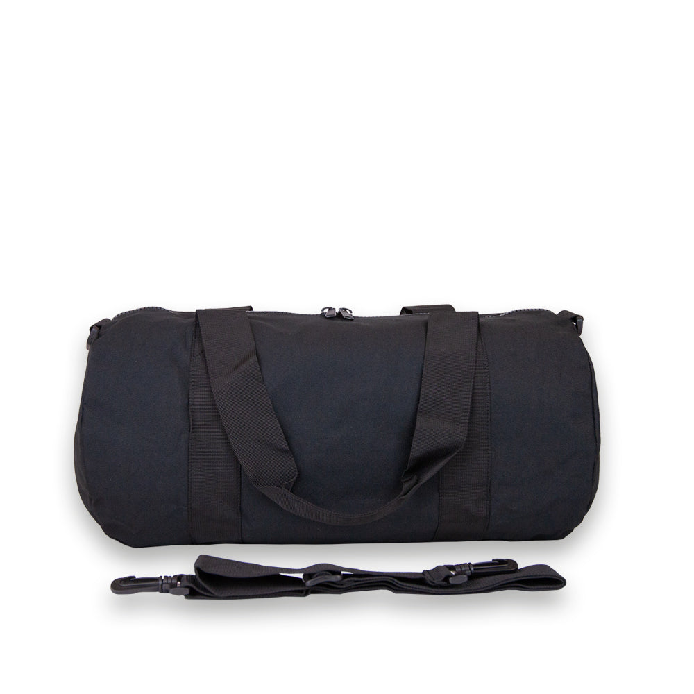 Duffel bag in Black. Rear view showing detachable shoulder strap.