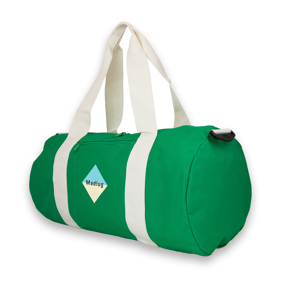 Duffel bag in Green. Side view with logo.