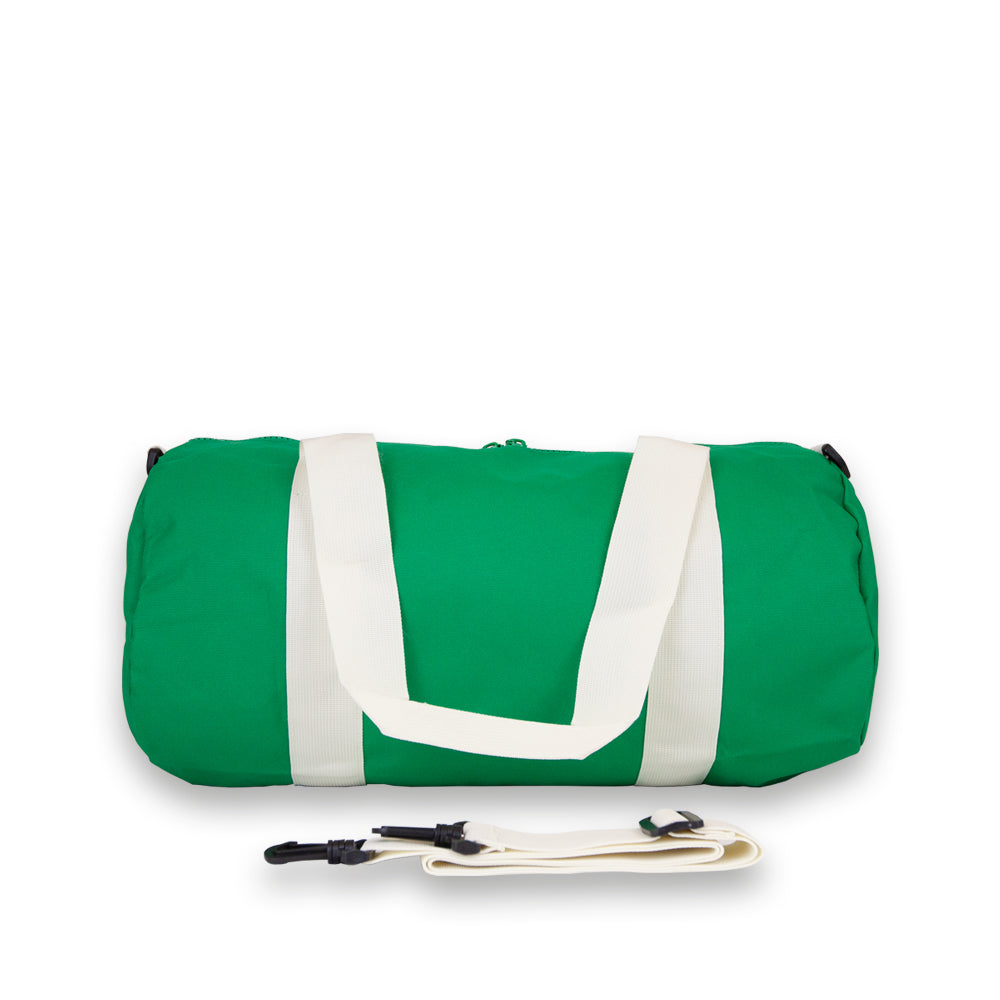 Duffel bag in Green. Rear view showing detachable shoulder strap.