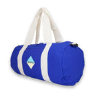 Duffel bag in Blue. Side view with logo.