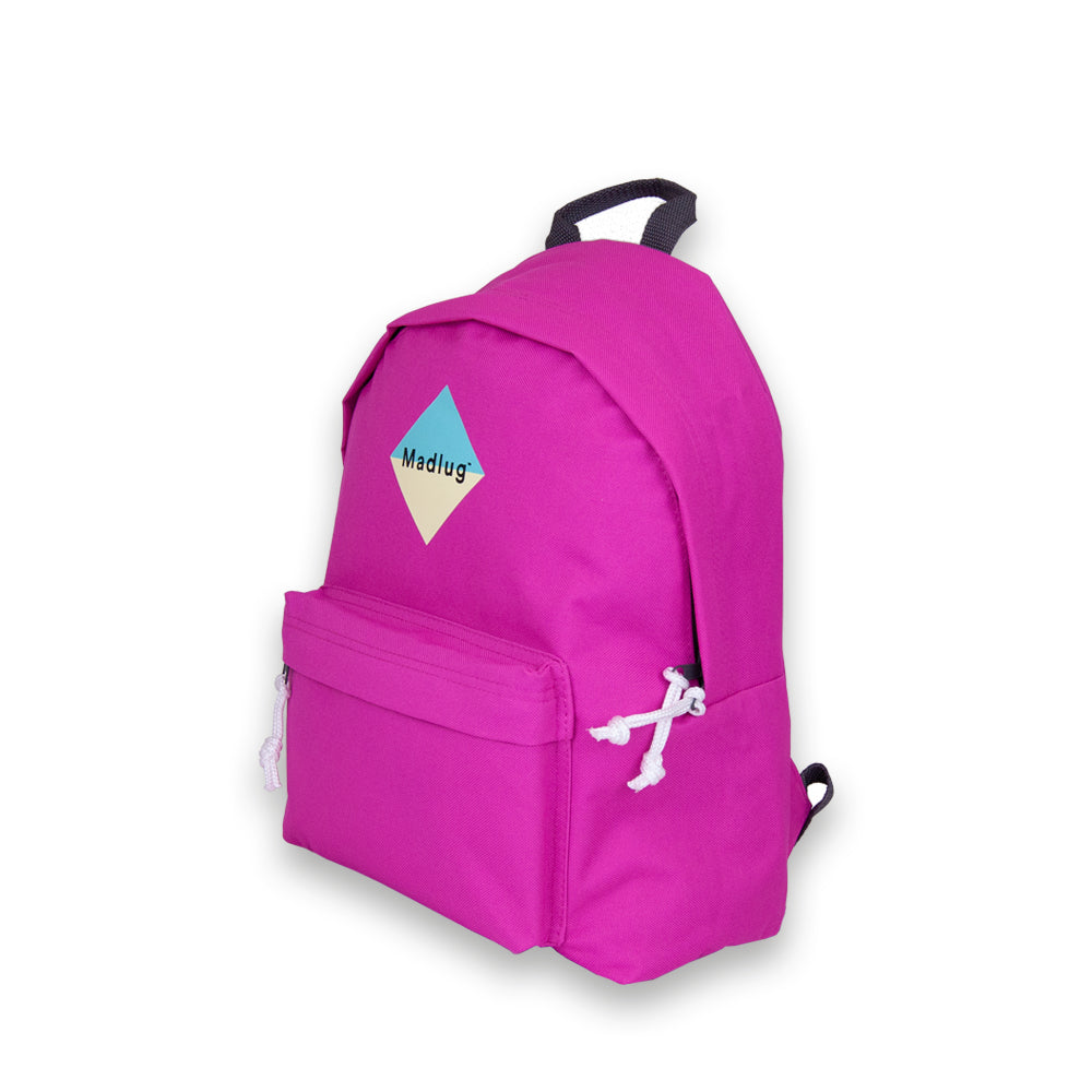 Madlug Junior Backpack in Fuchsia Pink. Side view with iconic Madlug logo.