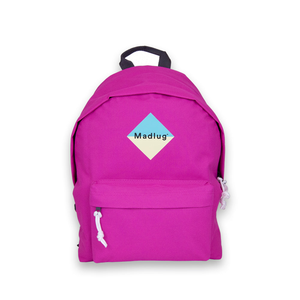 Madlug Junior Backpack in Fuchsia Pink. Front view with iconic Madlug logo.