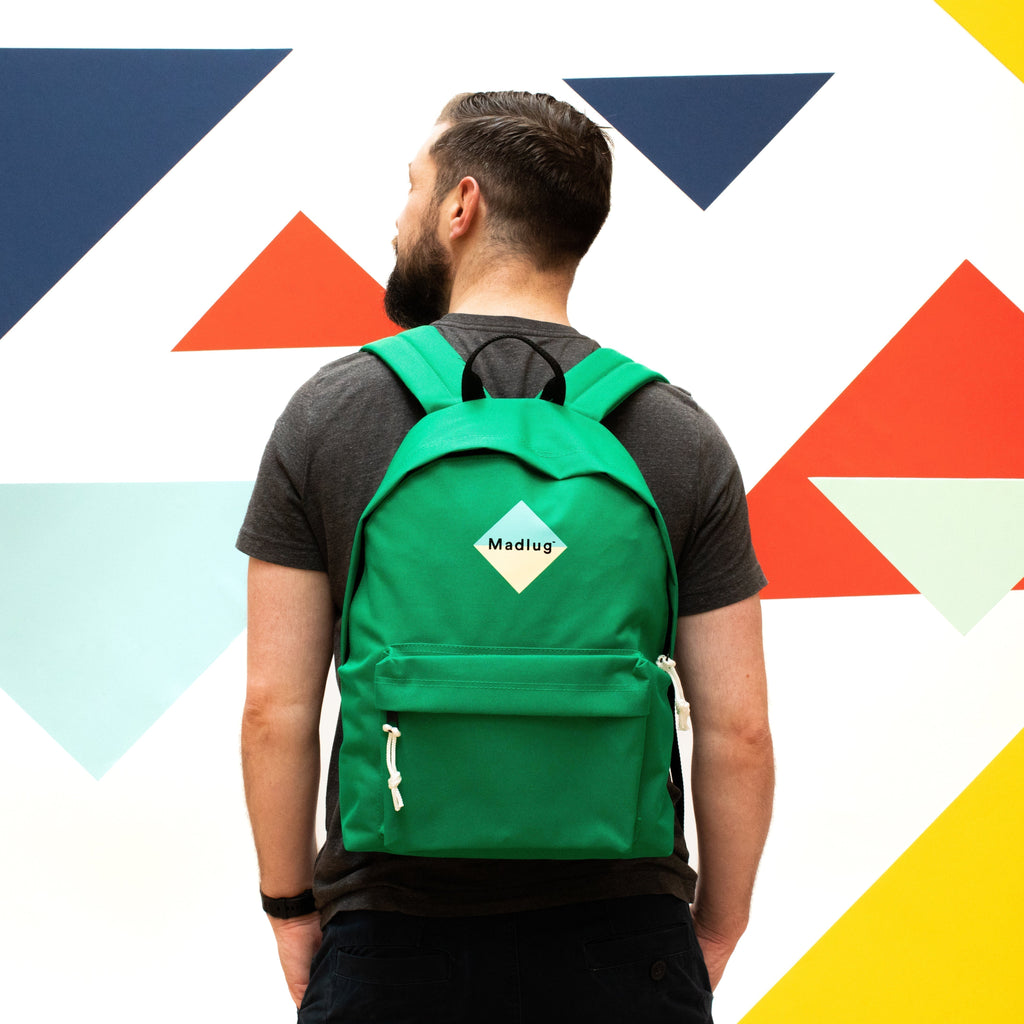 Madlug Classic Backpack in Green. Rear shot modelled.
