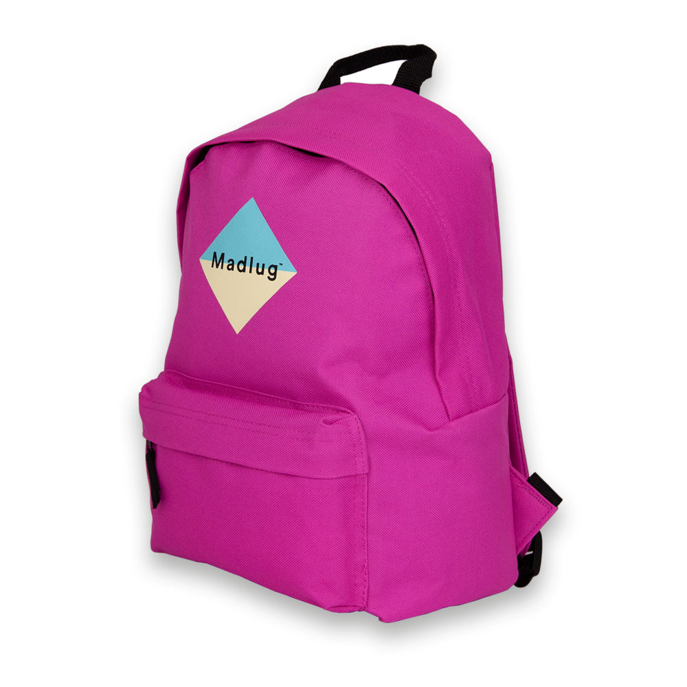 Madlug Mini Backpack in Fuchsia Pink. Side view showing extra front pocket.