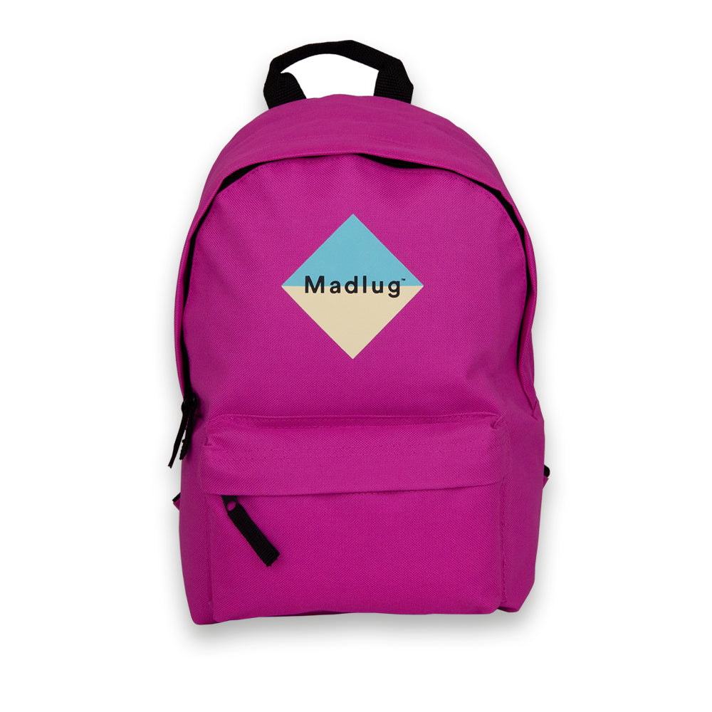 Madlug Mini Backpack in Fuchsia Pink. Front view showing iconic Madlug logo.