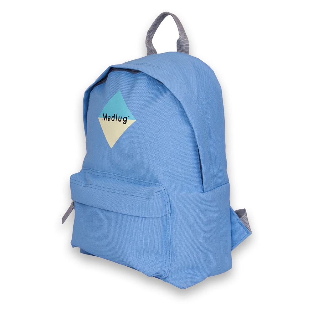 Madlug Mini Backpack in Sky Blue. Side view showing extra front pocket.