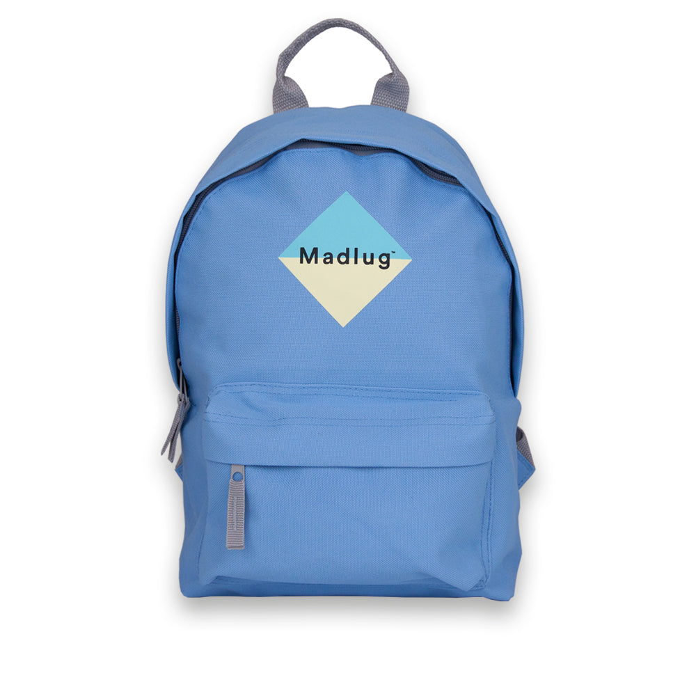 Madlug Mini Backpack in Sky Blue. Front view showing iconic Madlug logo.