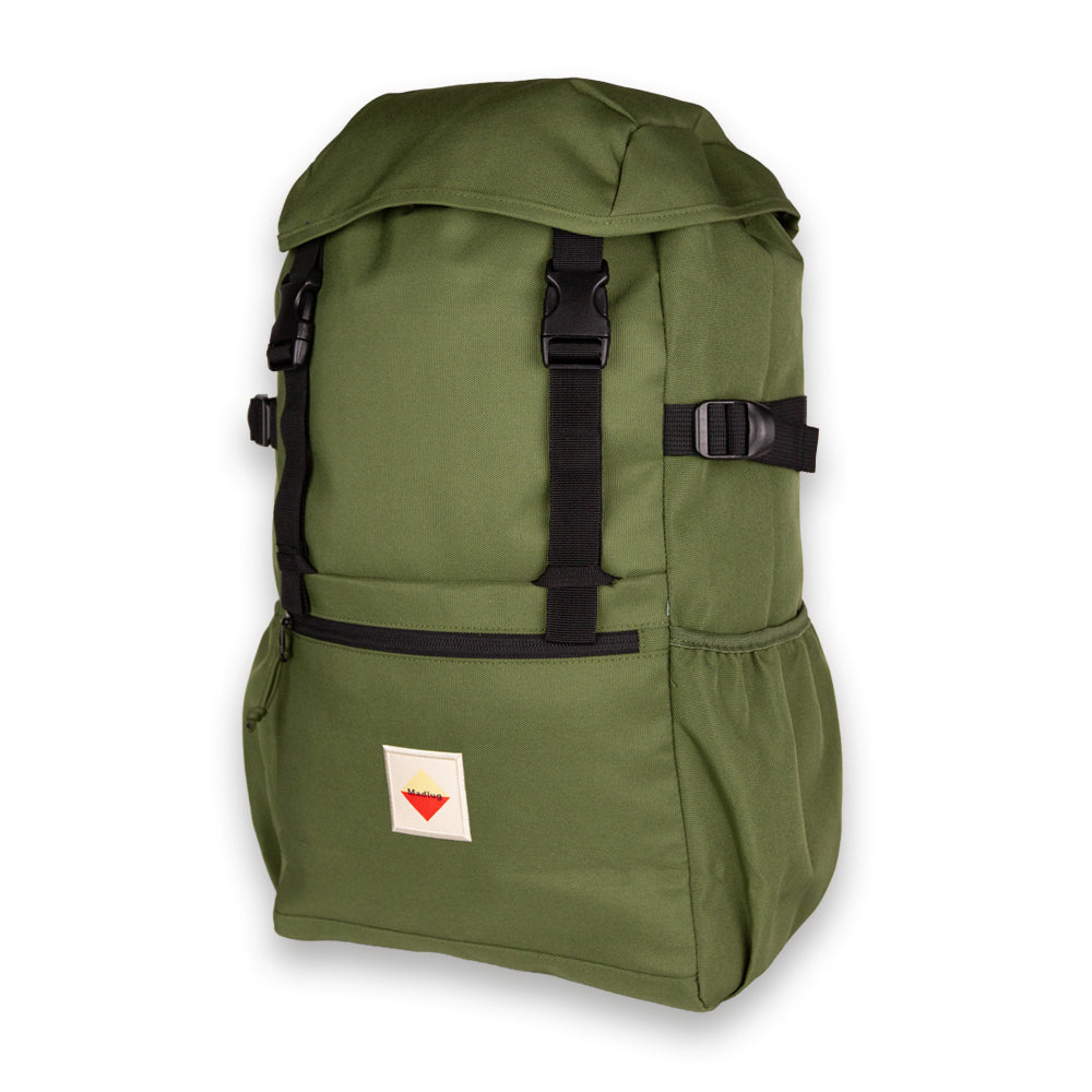 Moss Green Outbound Backpack. Three-quarter view.