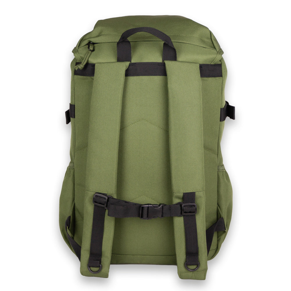 Moss Green Outbound Backpack. Back view.