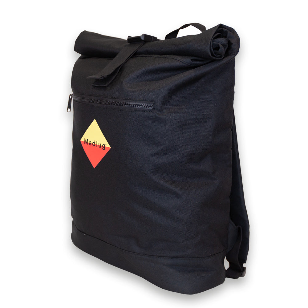 Madlug ECO Roll-Top Backpack in Black. Side view showing bag width.