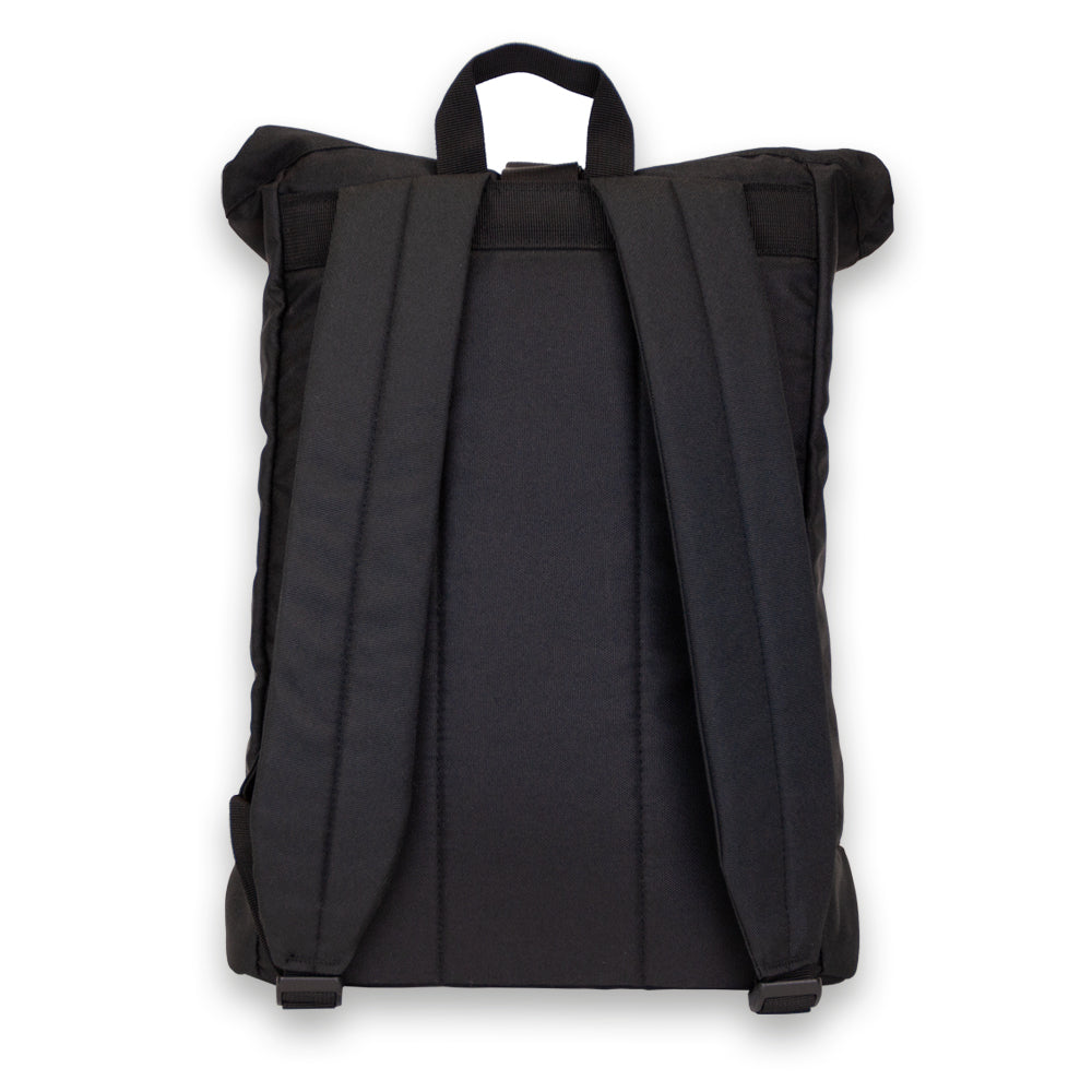 Madlug ECO Roll-Top Backpack in Black. Rear view showing padded straps.