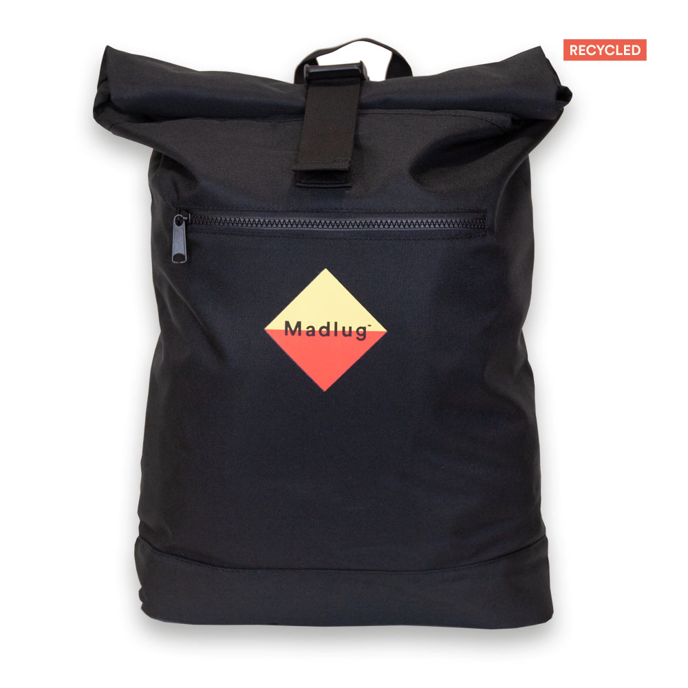 Madlug ECO Roll-Top Backpack in Black. Front view showing iconic logo and front zip pocket.