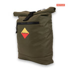 Madlug ECO Roll-Top Backpack in Olive Green. Side view showing bag width.