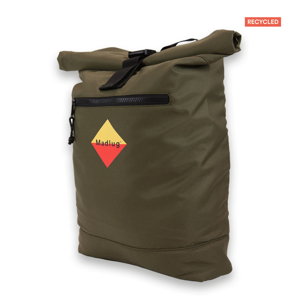 Madlug ECO Roll-Top Backpack in Olive Green. Side view showing bag width.