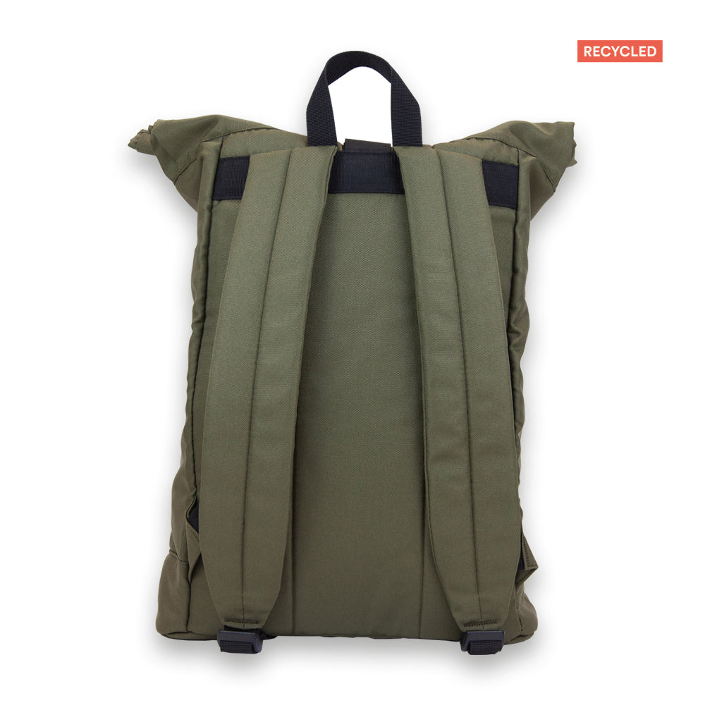 Madlug ECO Roll-Top Backpack in Olive Green. Rear view showing padded straps.