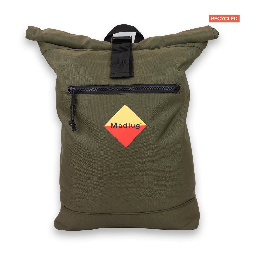 Madlug ECO Roll-Top Backpack in Olive Green. Front view showing iconic logo and front zip pocket.