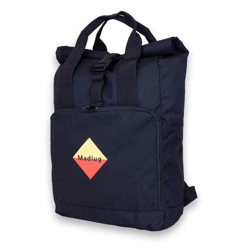 Madlug Roll-Top Backpack in Black. side view.
