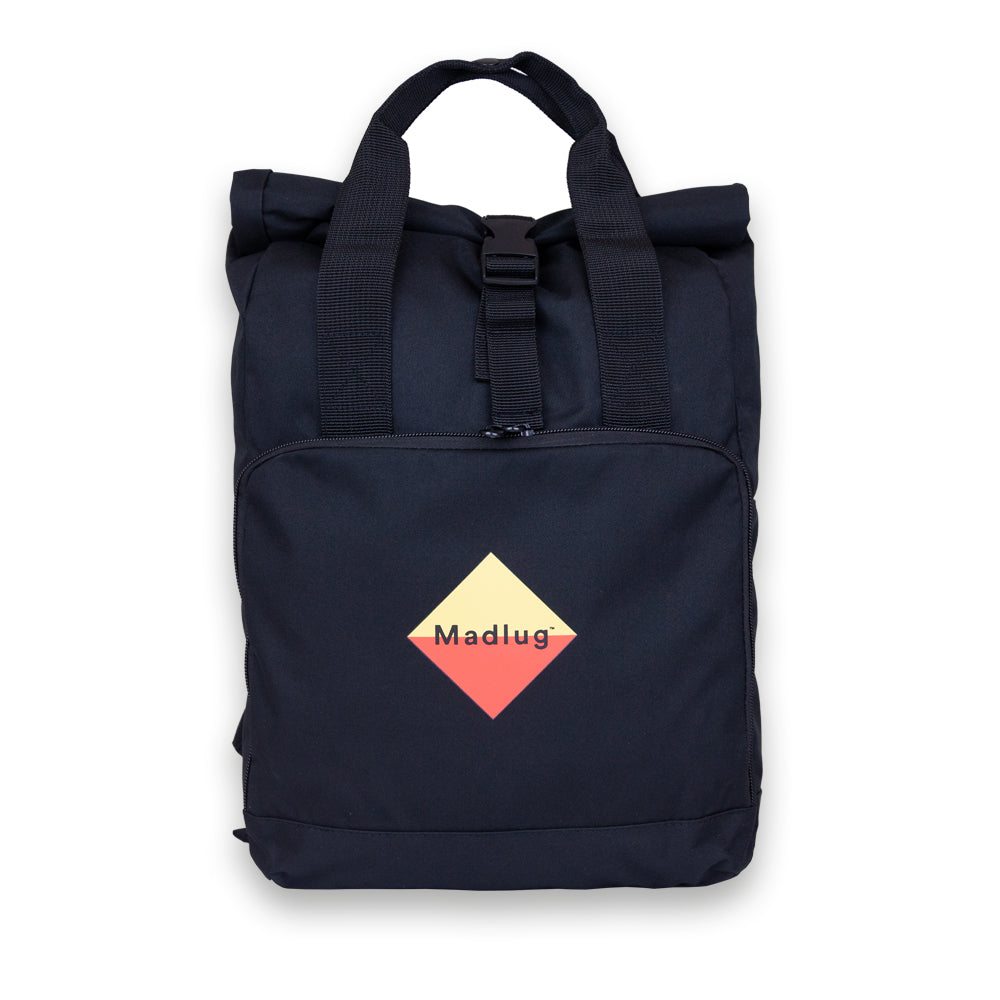 Madlug Roll-Top Backpack in Black. Front view.