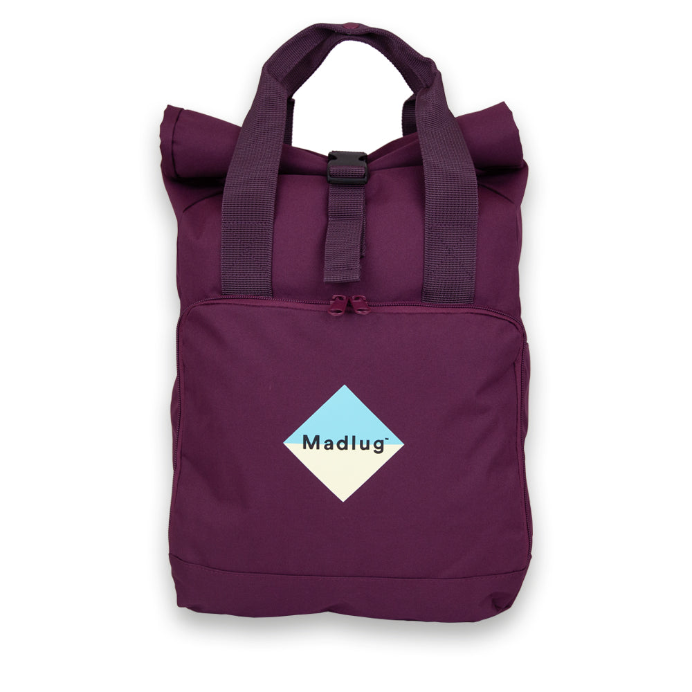Madlug Roll-Top Backpack in Burgundy. Front view.