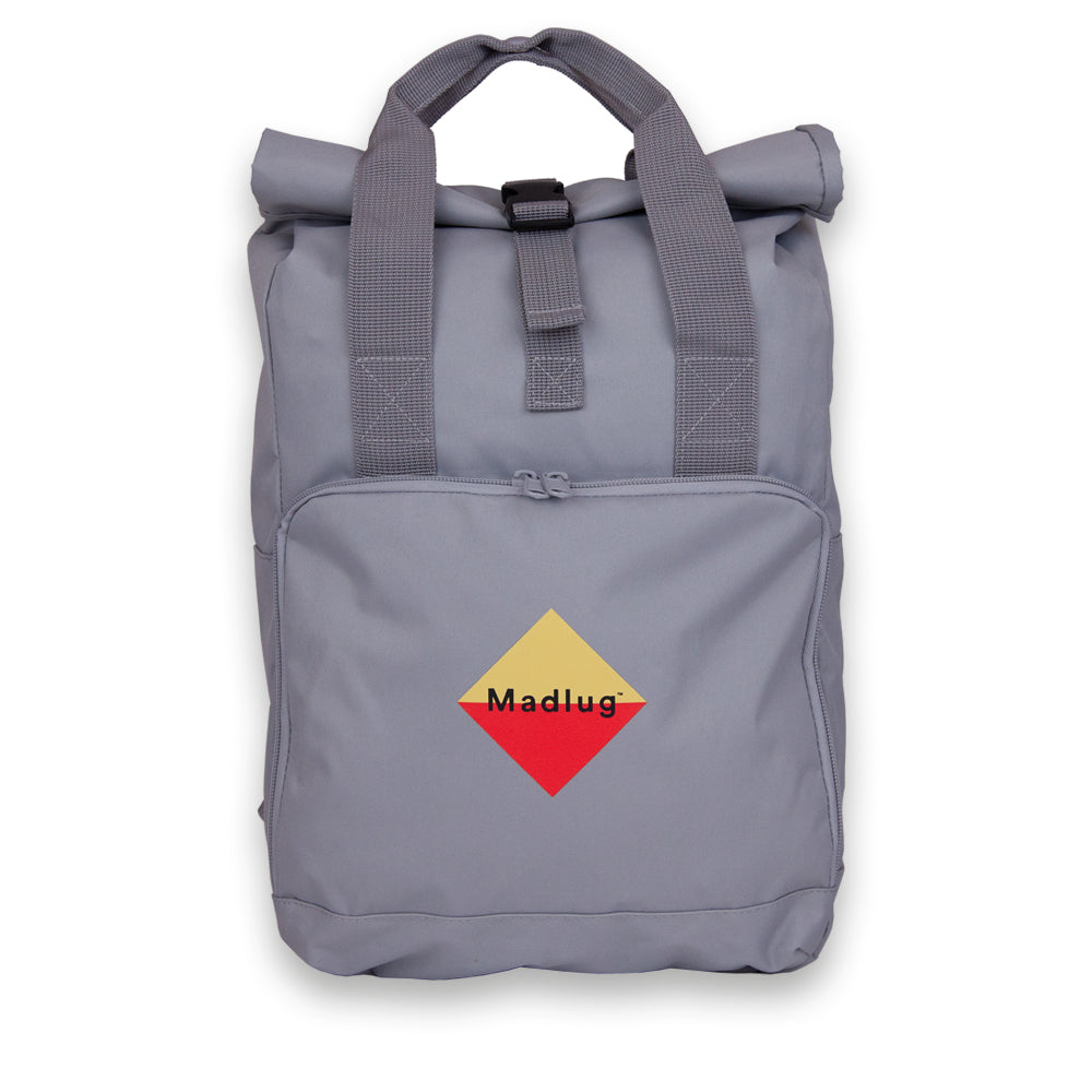 Madlug Roll-Top Backpack in Light Grey. Front view.