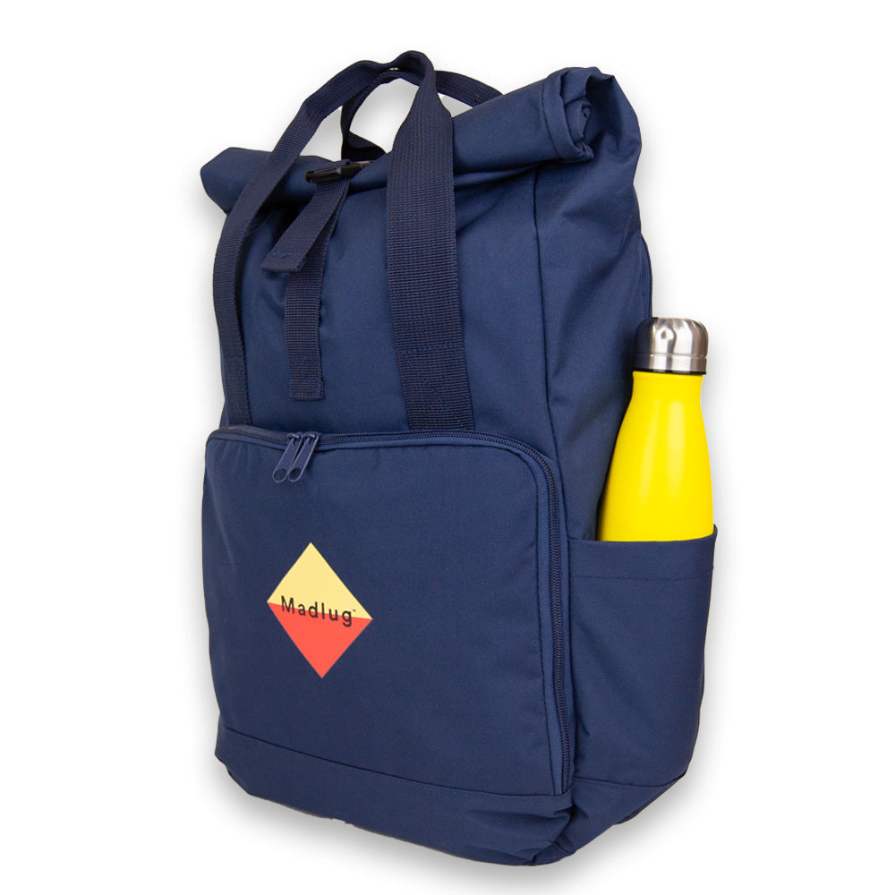 Navy Laptop Roll-Top. Three-quarter view.
