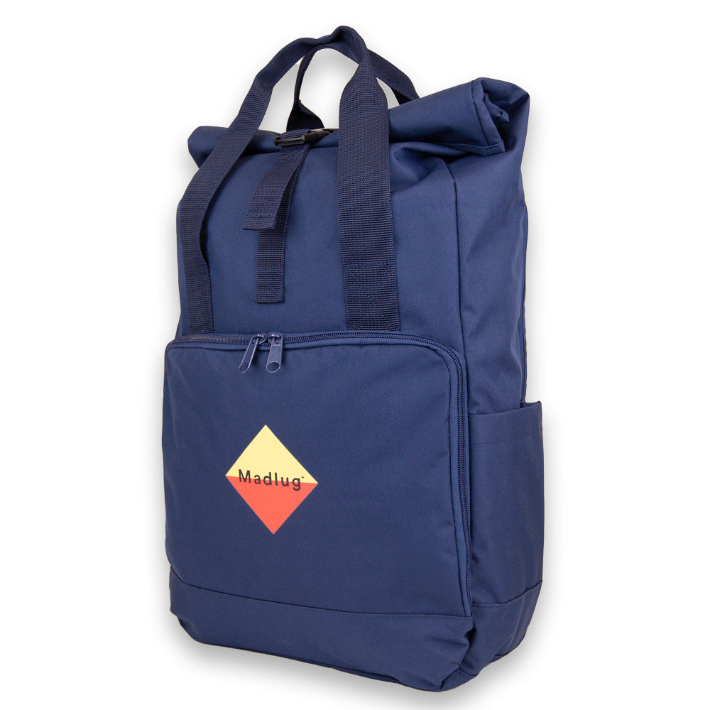 Navy Laptop Roll-Top. Three-quarter view.
