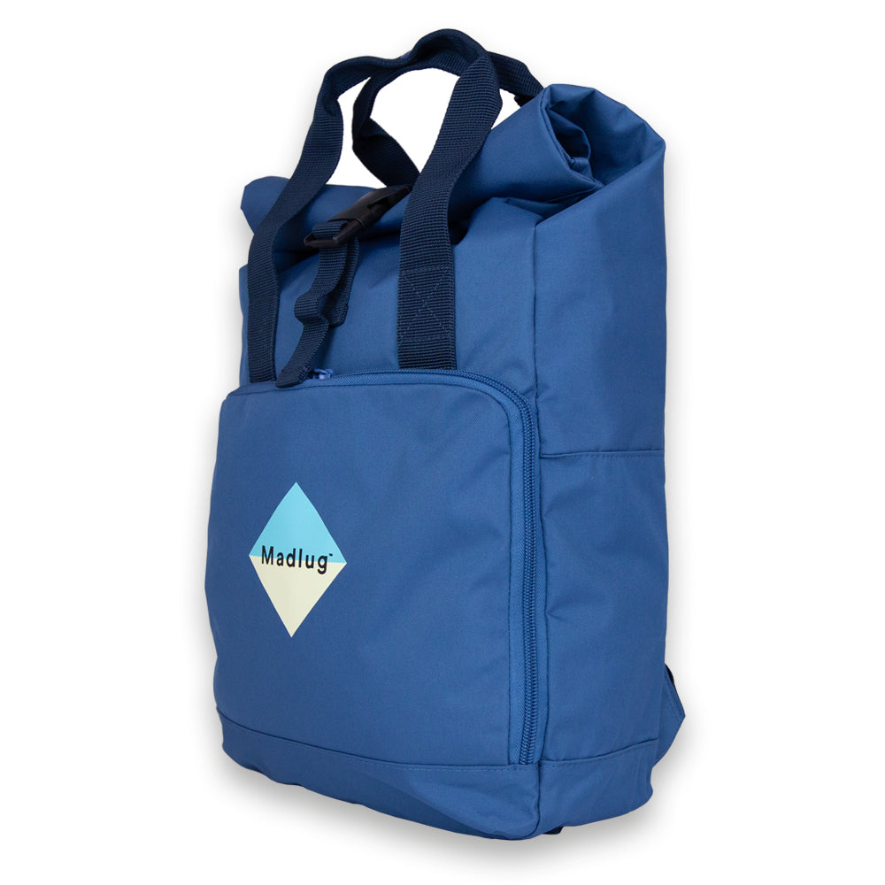 Madlug Roll-Top Backpack in Airforce Blue. side view.