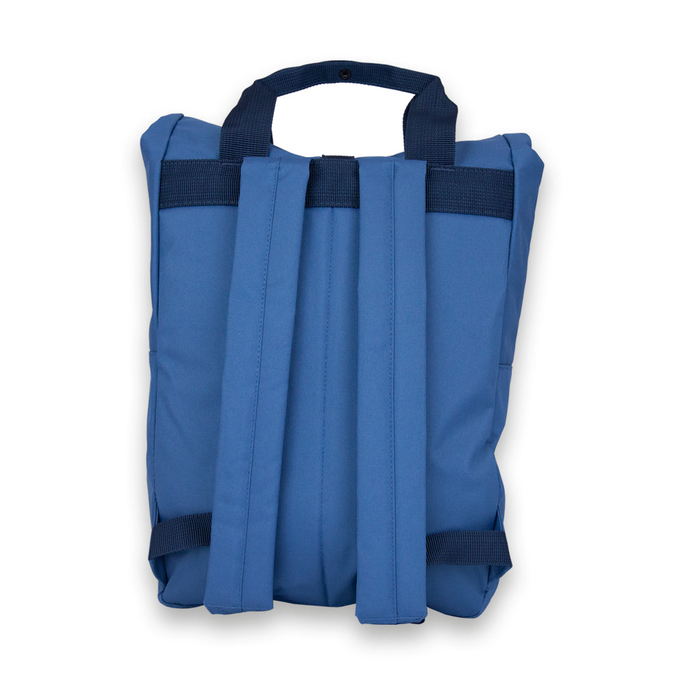 Madlug Roll-Top Backpack in Airforce Blue. Back panel view.
