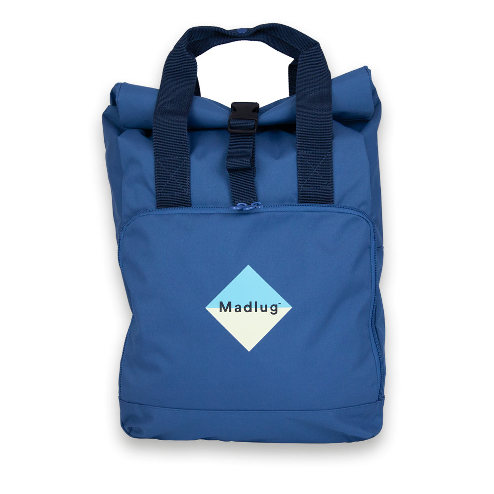 Madlug Roll-Top Backpack in Airforce Blue. Front view.