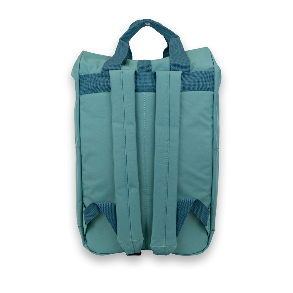 Madlug Roll-Top Backpack in Sage Green. Back panel view showing straps.