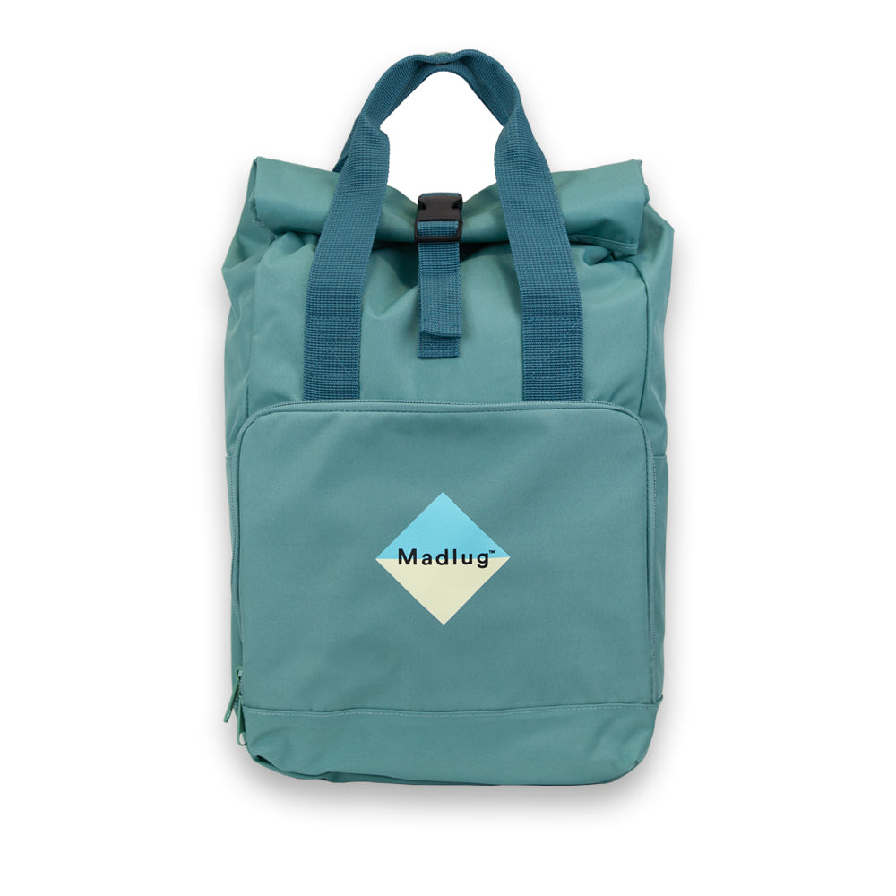 Madlug Roll-Top Backpack in Sage Green. Front view.