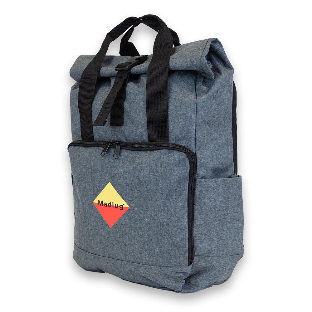 Grey Laptop Roll-Top. Three-quarter view.